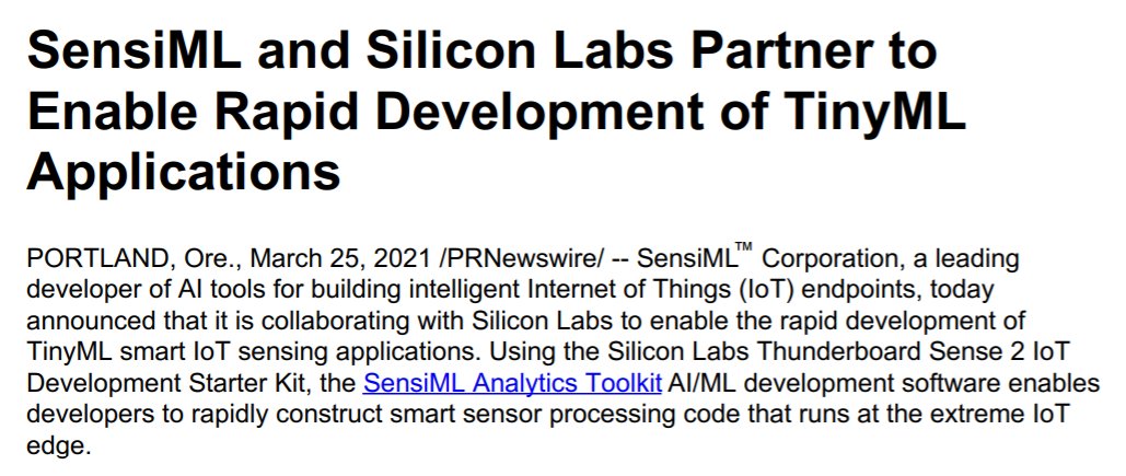 SensiML's tweet photo. SensiML has partnered with #siliconlabs to enable rapid development of #MachineLearning sensor insight for energy-friendly #EFR32 and #EFM32 #microcontrollers (MCUs). Read press release https://t.co/yhwxqhJyZS
@siliconlabs @machinelearning @tinyMLTalks @TinyMLClub https://t.co/6Stl9YtsVS