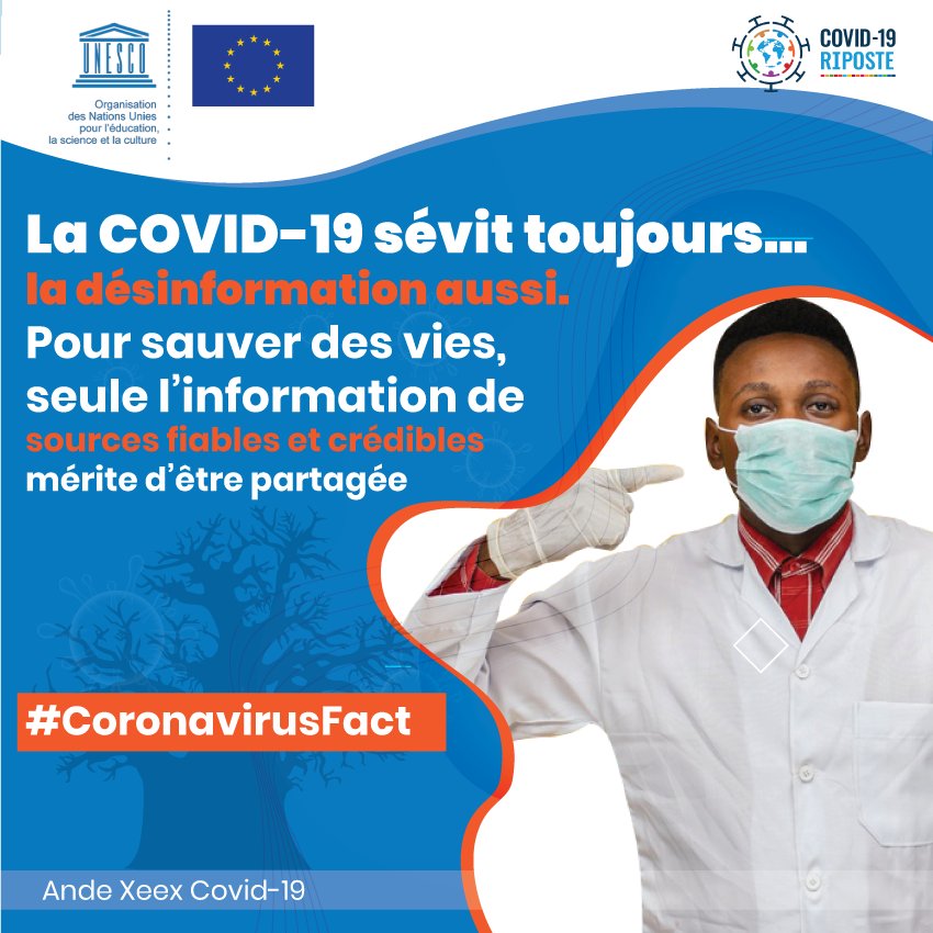 MM_Kouate's tweet photo. Depuis plus d'1 an la pandémie du #COVID19 est présente en #Afrique , au #Senegal 
La COVID-19 sévit toujours... la désinformation aussi. Pour sauver des vies, seule l'information de sources fiables et crédibles mérite d'être partagée

#CoronavirusFacts
#XeexCovid19
#DaanCovid19 https://t.co/lk6fMRmIqB