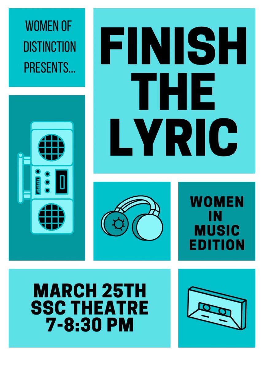 UmesWOD's tweet photo. Our fourth an final event Finish the Lyric: Women in Music Edition will be nothing short of a good time! Join us in the SSC theatre for a fun night of games and music trivia honoring women who have made an impact in the music industry 💙🎵#UMES https://t.co/tAzKiWDC3c