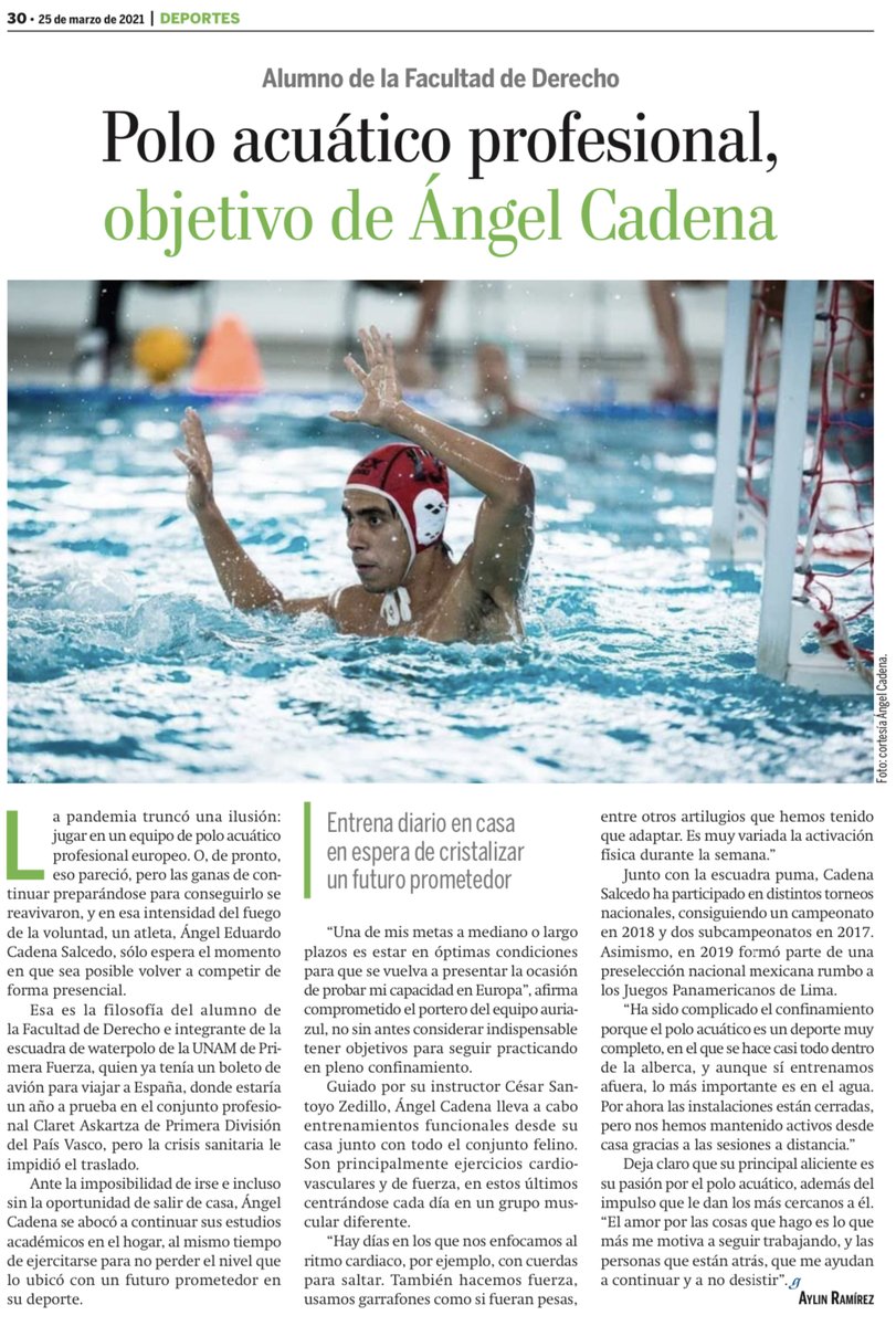 DeporteUNAM's tweet image. Hoy en #GacetaUNAM
💪🏼 Constancia y disciplina, claves en el deporte.
🤽‍♂️ Polo acuático profesional, objetivo de Ángel Cadena.
📌gaceta.unam.mx
#SoyDeporteUNAM