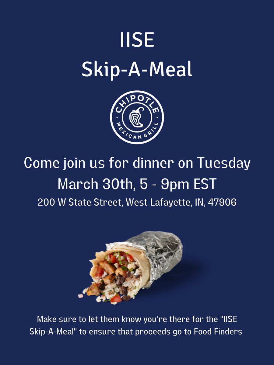 Come join us for dinner at IISE's Skip-A-Meal this Tuesday March 30th. All proceeds go to Food Finders!