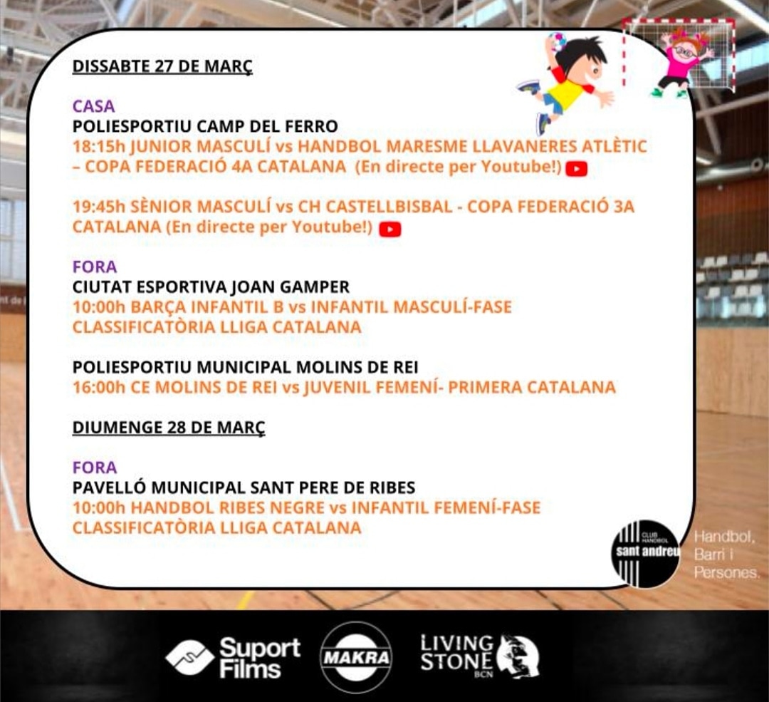 CHSantAndreu's tweet photo. Horaris del cap de setmana 27/28 de març!!💪🧡🖤
⚠️El partit del Junior Masculí i del Sènior Masculí en directe pel canal de YouTube del club!!
📍YouTube: Club Handbol Sant Andreu
#andreuencsgo #handbol #santandreu https://t.co/kqTap0aBbK