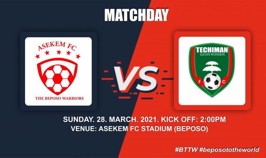 AsekemFC's tweet photo. The team from Techiman visits Beposo. 

This Sunday, 28 March 2021, from 2pm, Asekem FC would host @Txiwonders at the Beposo Mini Stadium! 

#asekem #bttw #beposototheworld #ghanapl #bringbackthelove https://t.co/viw9jmaBNA