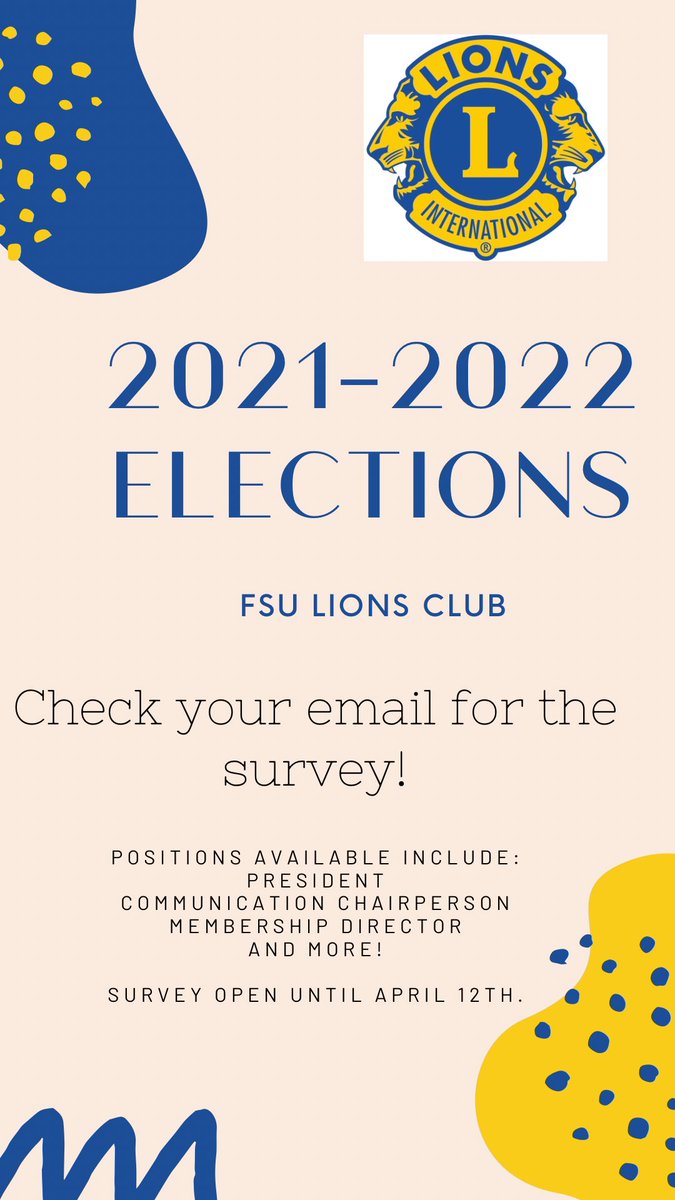 Hey Bobcats!
The FSU Lions Club has a few positions open for next years executive board. Do you think you got what it takes?
Complete the survey emailed to the general body from Jordan Lyons. Feel free to dm us if you have any questions!