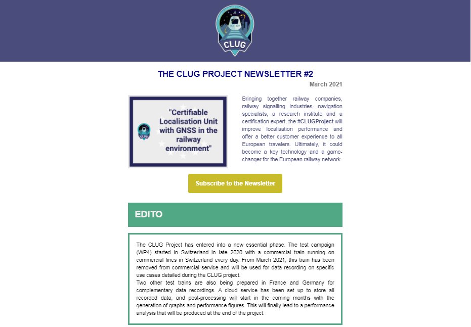 theclugproject's tweet photo. And two ! #CLUGProject publishes its second newsletter. You can subscribe here : clugproject@sncf.fr. The opportunity to read some of the articles on the website and to get an update on the deliverables. Not to miss anything, follow our Linkedin page : https://t.co/EAQLHxf0Ff https://t.co/jiSfI5q6XZ