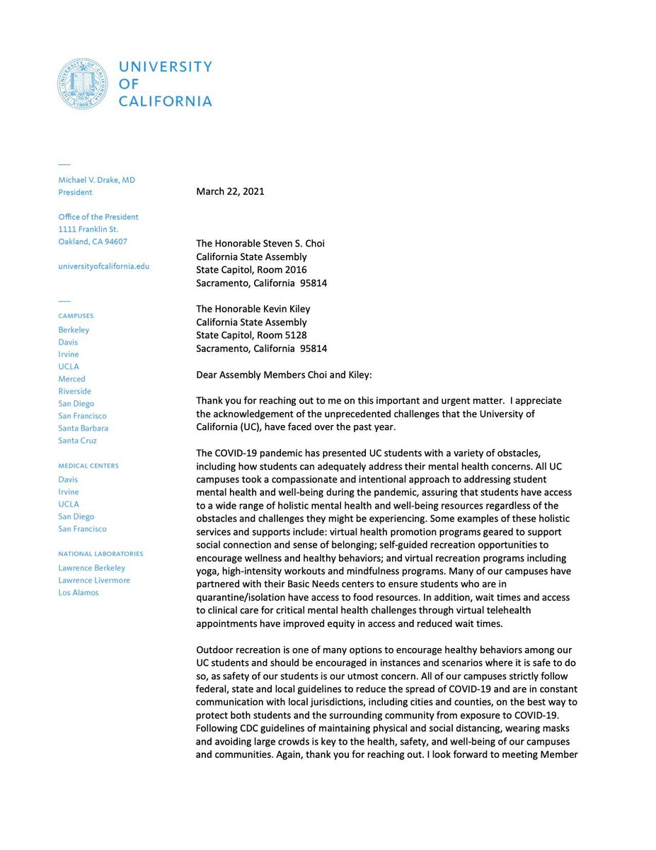 KevinKileyCA's tweet image. The UC President and CSU Chancellor responded to my concerns about inhumane conditions on some campuses. Our universities are not prisons. We need to restore a real college experience.