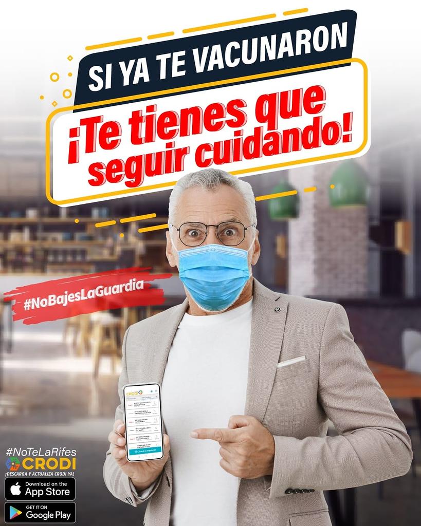 Aunque ya estés vacunado, te tienes que seguir cuidando! #NoBajesLaGuardia 
.
.
Descarga CRODI desde APPLE STORE , Actualiza y ayuda a los demás!!
.
.
Colabora actualizando lo que ves al llegar y ayuda a todos a mantener una #DistanciaSocialInteligente 
#NoTeLaRifes #YoCrodeo