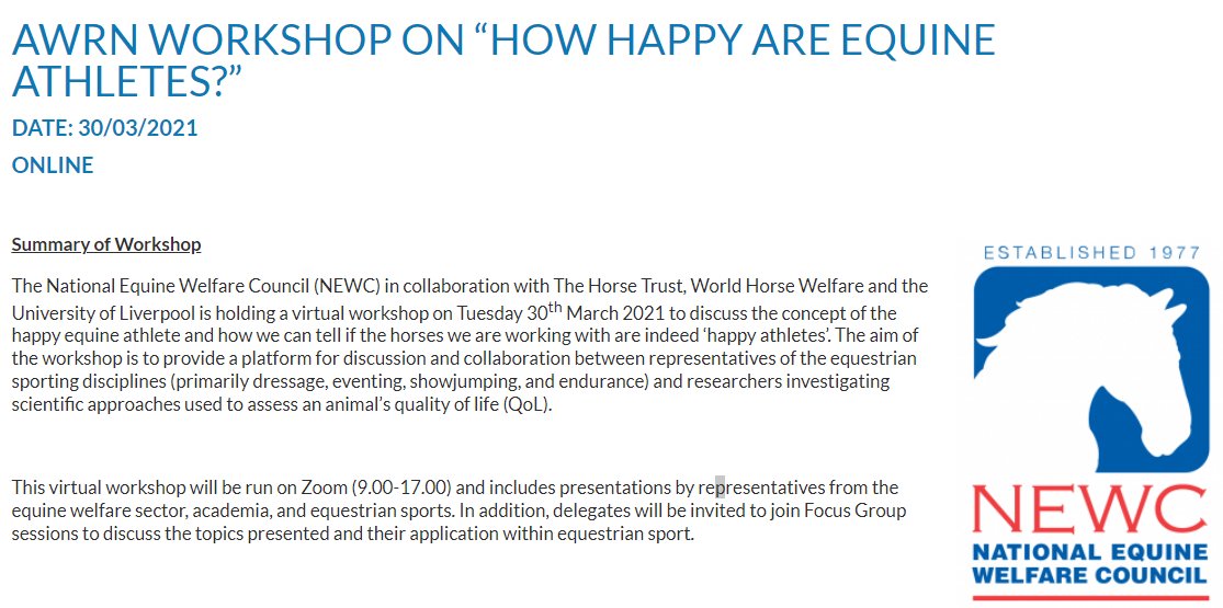 NationalEWC's tweet photo. In collab w/ @horsetrust, @HorseCharity &amp; @LivUni NEWC is holding an online workshop on 30/03/21 to discuss the concept of the happy equine athlete🐎

Event registration has closed but we will make the presentations available for members on our website in April

@AnimalWelfareRN https://t.co/cZD0ONP17n