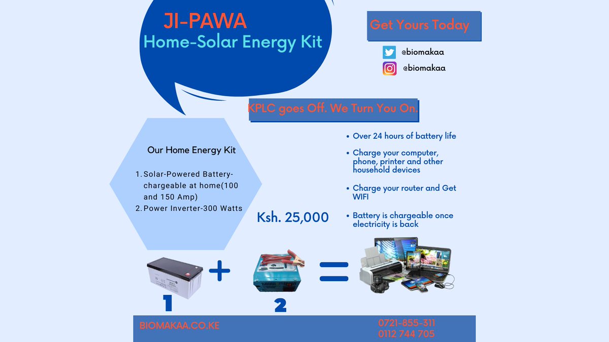biomakaa's tweet photo. Working from Home? 
Frustrated by KPLC?
Get the Ji-Pawa energy kit to power your router, laptop and phone.
Don's stress when the lights go out. Stay On.
Get Yours Today.
#shaffie #HarambeeStars Ezekiel Mutua #bonganajalas https://t.co/OUg7Hhomyn