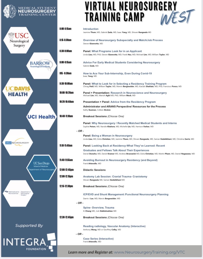 DoctorZada's tweet photo. #MedStudents interested in #Neurosurgery &amp; #Neuroscience. This is going to be fun! Check out the 👍🏼speakers and panelists at the #WestCoast #NSGY Training Camp this Saturday. 
@NeurosurgeryUSC @USCBTC  #medtwitter #MedStudentTwitter https://t.co/5UnJw8vVm5