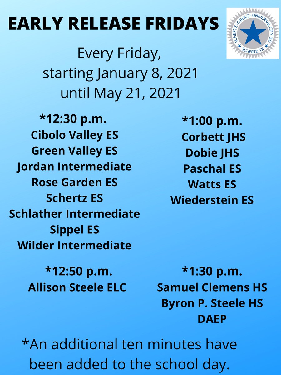 Reminder: tomorrow is an early release Friday.