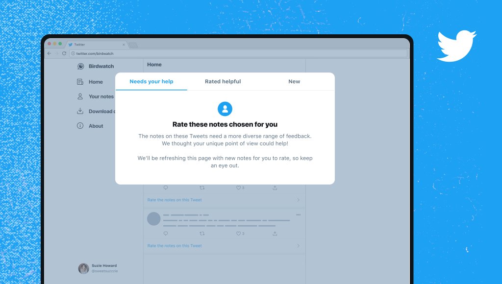 Desktop displaying Birdwatch Home page with "Needs your help" tab.