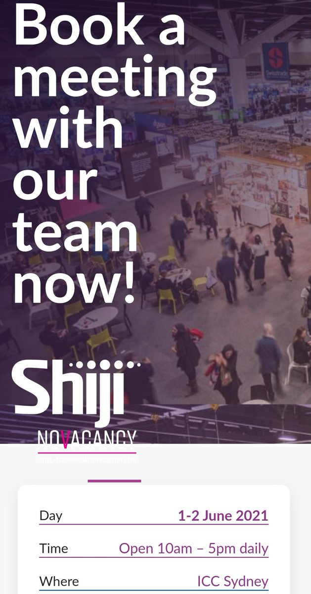 Excited to prepare for <a href="/ShijiGroup/">Shiji Group</a> to exhibit soon at <a href="/novacancyexpo/">NoVacancy Hotel + Accommodation Industry Expo</a>. Book in early and let's talk about your ideas for #hospitality #technology and the #guestjourney 
shijigroup.com/solutions/lp/n…