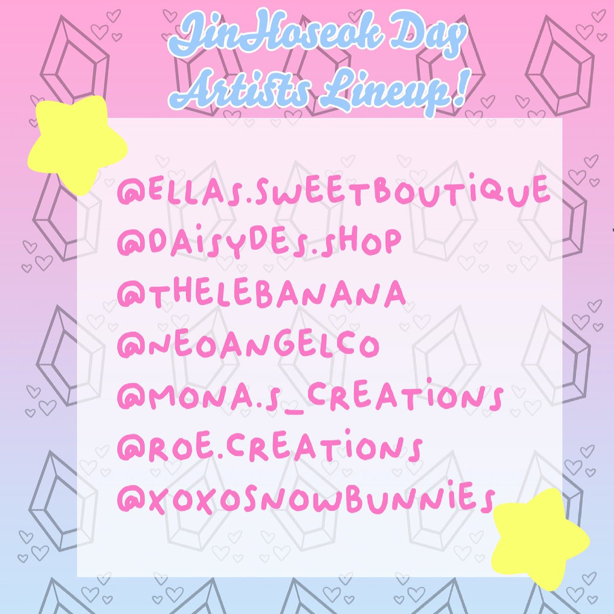 ForUniverseLA's tweet photo. Here’s our artist line up for the #jinhongseokday !! Please give a warm welcome to our artists!! https://t.co/j71I5nSpIo