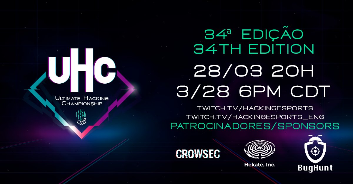 HackingEsports's tweet photo. HERE COMES ANOTHER UHC #CTF! 🔥  RT us and invite your friends to watch this #hacking championship, #esports style. Join us this sunday, at 6PM CDT, at https://t.co/FvNd1WOsSb

#HackingEsports #UHCCTF #pentest https://t.co/nYRNexO3Ku
