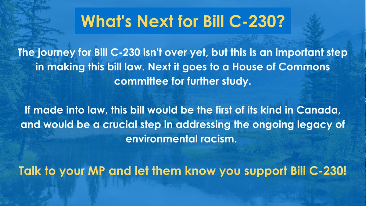 Yesterday Bill C-230, a National Strategy to Redress #EnvironmentalRacism passed its second reading 🎉

There is still much work to be done, but this is a promising step in addressing the ongoing legacy of environmental racism in Canada! 
#environmentaljustice #cdnpoli #billc230