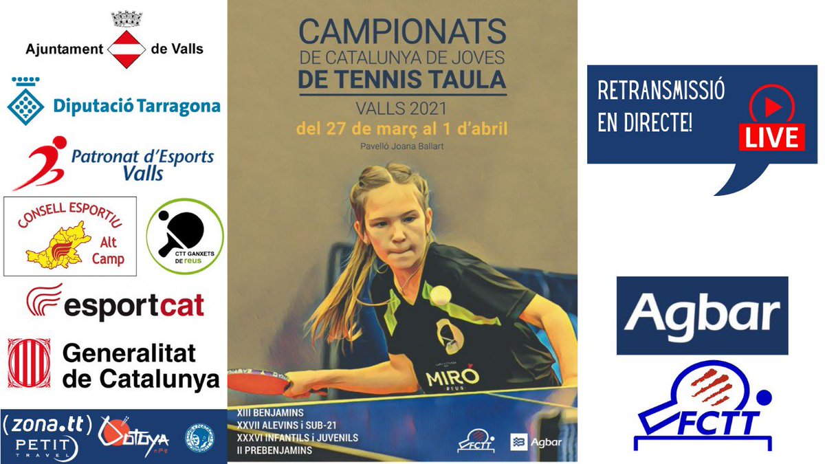 fcttcat's tweet photo. 🏓🏆 El Campionat de Catalunya de Joves es podrà veure i viure en directe 

📹 4 streamings 

https://t.co/5iWjgOVEjJ

https://t.co/96PfIOY7kg

https://t.co/kNfqFGcPhQ

https://t.co/My2yQSIOrH

#TTValls2021 https://t.co/Y9AuGFMRVj