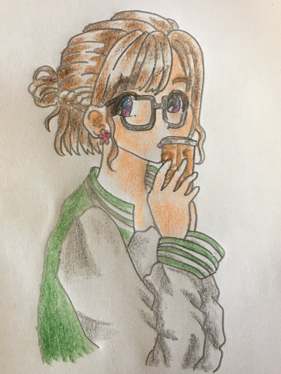 ノブユキ おはようございます 朝一イラスト スタジャンとコーヒー缶 コーヒー 眼鏡っ子 女の子イラスト 絵描きさんと繋がりたい おはようございます