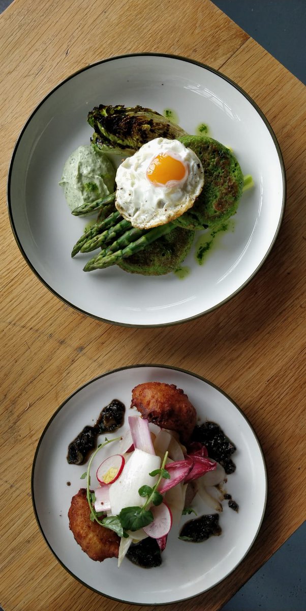 1.Pea pancakes with charred baby gem, wild garlic aioli,, asparagus and fried hen's egg.
2.Crozier Blue Gougères, pickled fennel,radish, poached pear &amp; piquant walnut.
Order for tomorrow or Saturday on
…ng-stair-group.clickandcollection.com