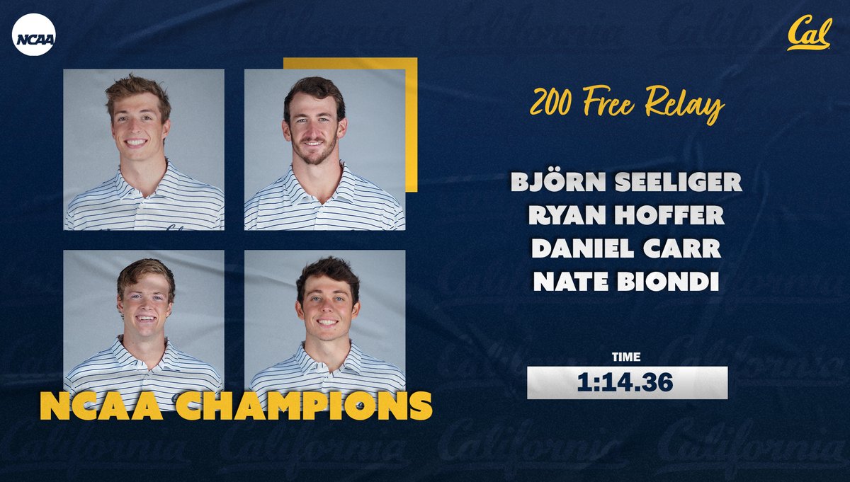 cal_swimdive's tweet photo. NCAA CHAMPS! 🥇

Seeliger, Hoffer, Carr &amp; Biondi win the 200 free relay in 1:14.36! https://t.co/NAwQEJThcc