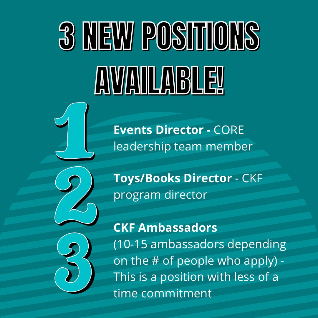 CancerKidsFirst's tweet photo. We are opening up leadership applications again and are looking for an Events Director and multiple CKF Ambassadors! If you're looking to become a CORE leadership member and have the time to commit numerous hours to CKF, the Events Director position is perfect for you. https://t.co/CC4tjQlJDj