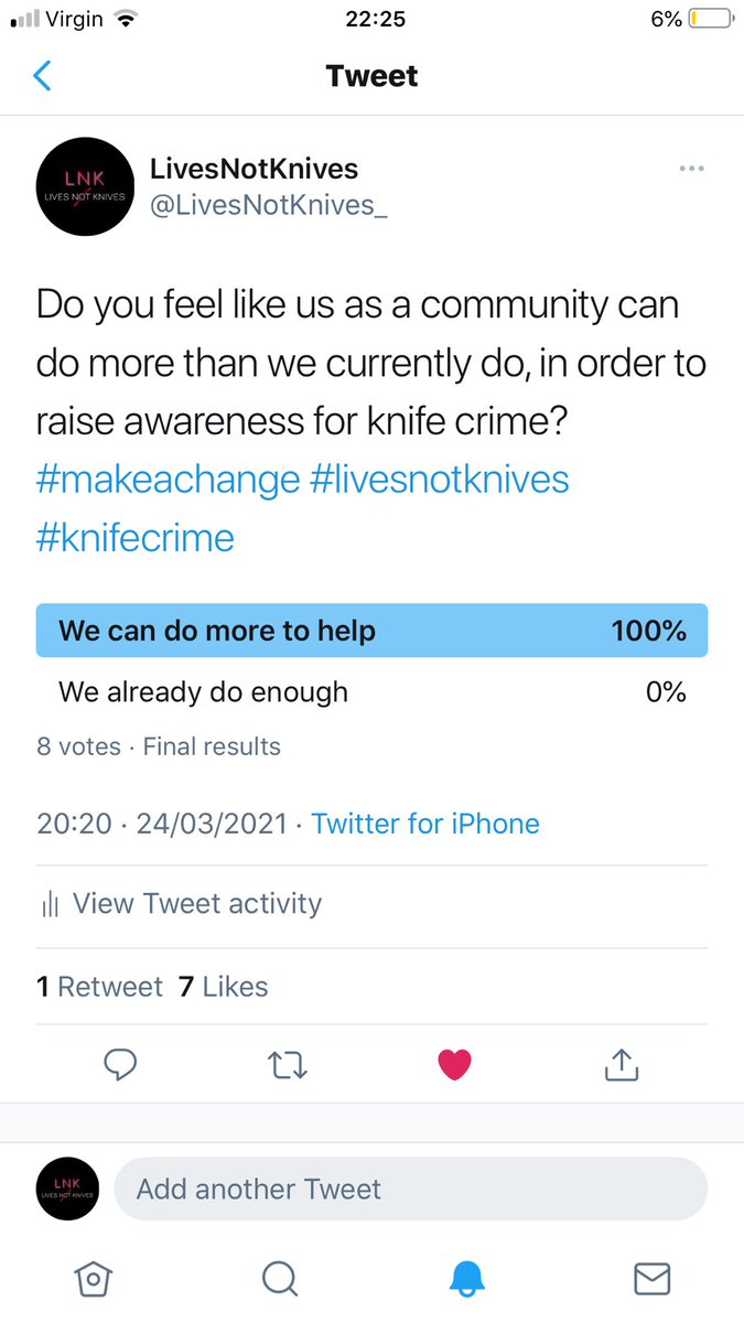 LivesNotKnives_'s tweet photo. On a recently taken survey, 100% of you thought we can do more to raise awareness of knife crime. Seeing the problem is the first step but making the change must be our next. #savelives #knifecrime #makeachange https://t.co/6tDWzemtjE
