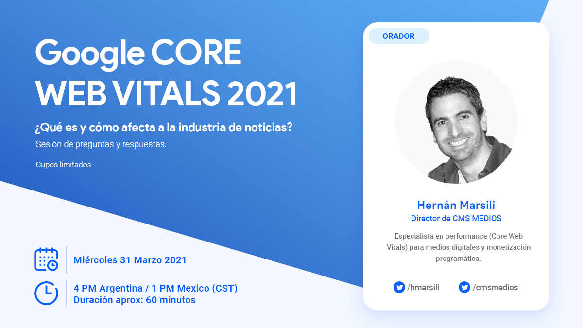 CHARLA GRATUITA: GOOGLE CORE WEB VITALS Y SU IMPACTO EN MEDIOS DIGITALES (cupos limitados).

INSCRIPCIÓN ABIERTA-> lnkd.in/gX3iJAV

El próximo miércoles 31 de Marzo 1pm (Ciudad de Mexico) vamos a hablar de CORE WEB VITALS. #corewebvitals #SEO #Medios #performance