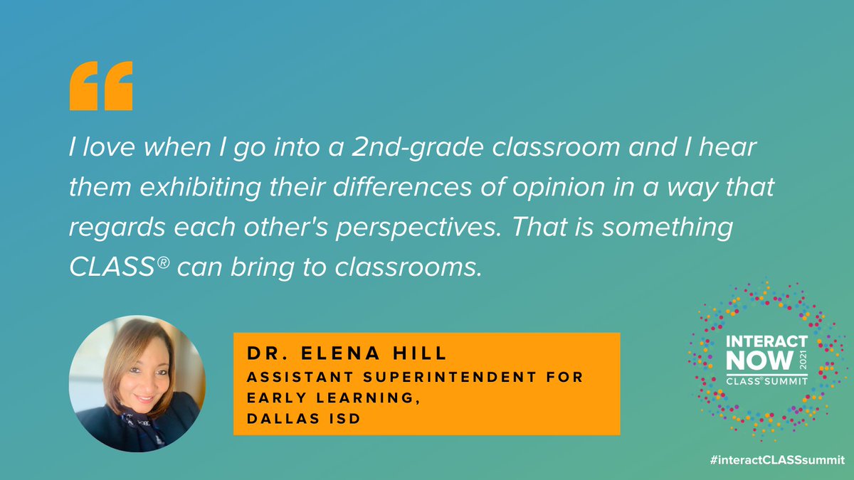 Teachstone's tweet photo. "I love when I go into a 2nd-grade classroom and I hear them exhibiting their differences of opinion in a way that regards each other's perspectives. That is something CLASS® can bring to classrooms." -@DrElenaSHill @ICanReadDallas #interactCLASSsummit https://t.co/rvkpMId8S4