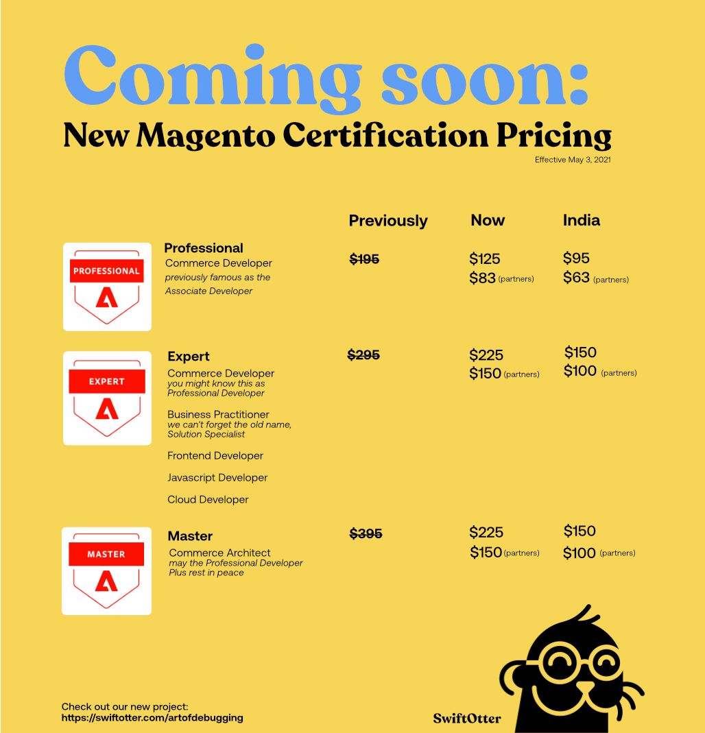 Swift_Otter's tweet image. Guess what? Adobe is lowering the price to take a Magento certification exam. Check this out: prices are dropping by up to 50%. This will puts the Magento certifications within reach for more people. Get certified, today!