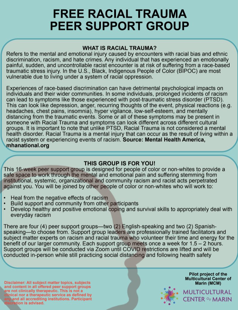 DrGSMCSD's tweet photo. A small group of volunteer therapists of color are offering free 16-week Racial Trauma Support Groups for Marin County residents and workers of color in Spanish and in English.
All groups are appropriate for ages 18 years and older.
#marincity #supportgroup #bipoc #smcsd https://t.co/8RvqOcroWL