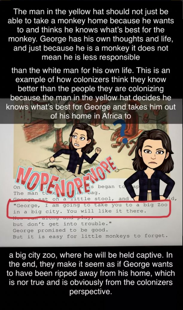 MsOudiz's tweet photo. My students' #booksnaps examining Curious George through a #postcolonial critical lens in preparation for reading #thetempest - #mercybTs https://t.co/yC8aTjeG77