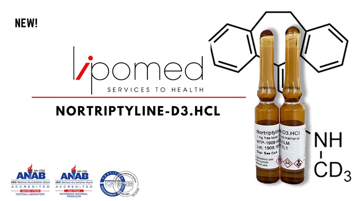 lipomed_US's tweet photo. Did you know our catalog contains over 600 products! Here at Lipomed, we strive to continually increase our portfolio to fulfill our customers' testing needs. Therefore, we are proud to introduce our newest addition, Nortriptyline-D3.HCl, to our catalog. 
#Lipomed #CRM #quality https://t.co/vON2ZtG6nw