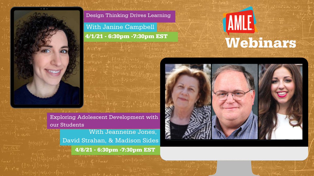 AMLE's tweet photo. UPCOMING #AMLESMS #WEBINARS!

4/1 w/ @campbellartsoup https://t.co/j3fqsJitdw
4/8 w/ Jeanneine Jones, David Strahan, &amp; Madison Sides https://t.co/LK5n435gdj

#AMLE #mschat #middleschool #educators #education #webinars https://t.co/iOzp86bclp