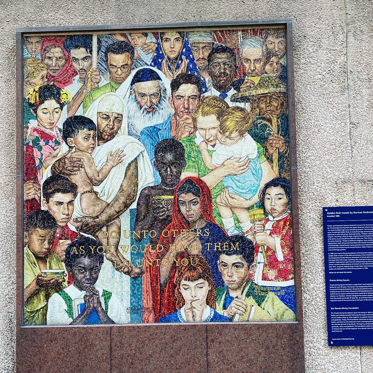 sheriidunn's tweet photo. v much always a pleasure to bask in beautiful weather, cityscapes, and norman rockwell mosaics #thegoldenrule #thanksgivingsquare https://t.co/HtrJz0hNYh
