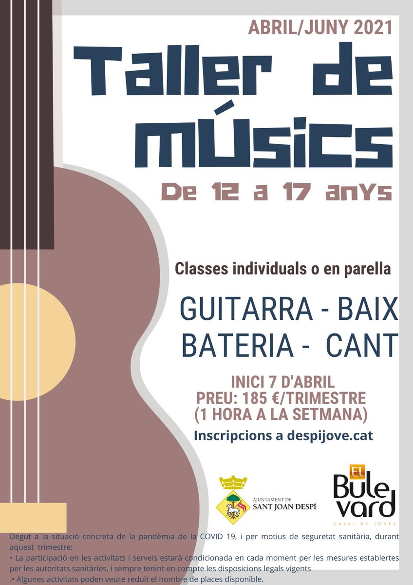 Bulevardsjd's tweet photo. T’agradaria aprendre a tocar un 
instrument o cantar! Tornem amb el taller trimestral de 
músics per a joves de 12 a 17 anys!! Inscripcions a 
https://t.co/bDqGdRtDJI #JoventutSJD #ElBule https://t.co/kiyl4WJLhc