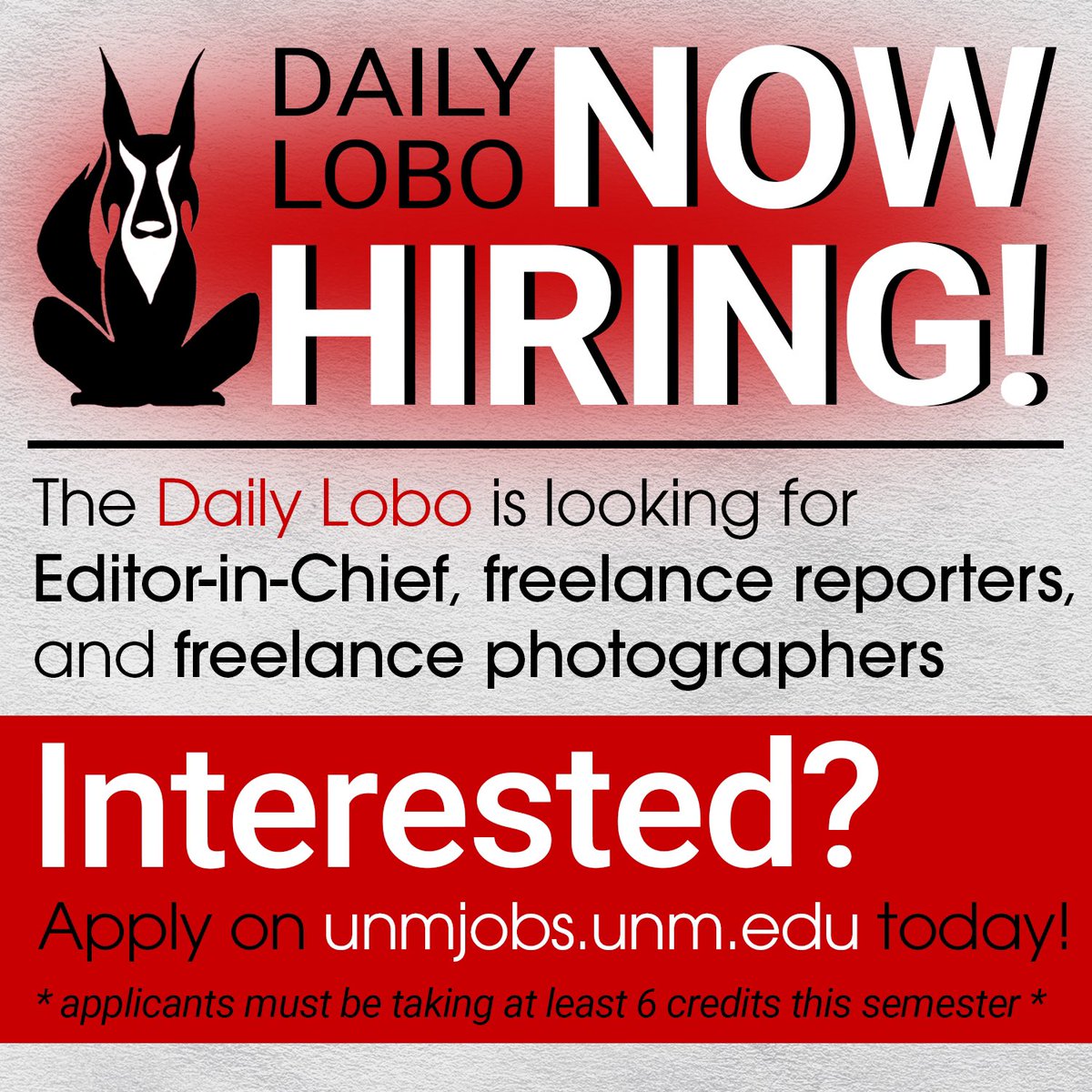 DailyLobo's tweet photo. The Daily Lobo is now hiring! Applications are now open for Editor-in-Chief, freelance reporters, and freelance photographers. Apply on https://t.co/UXEVOK1Rb3 https://t.co/a56q7cx5U2