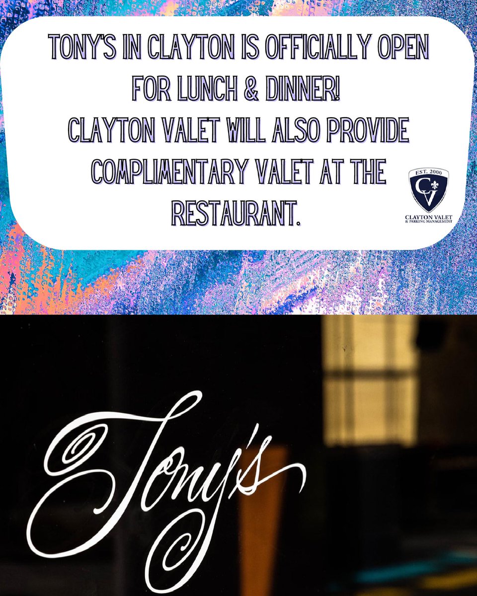 Come eat at the newly opened Tony's Restaurant in Clayton &amp; let us park your car! Also, check out our website claytonvalet.com  to apply for our open positions.
#stl #claytonvalet #valet #stlouis #parking #restaurant #stlfood #hiring #applynow #stljobs