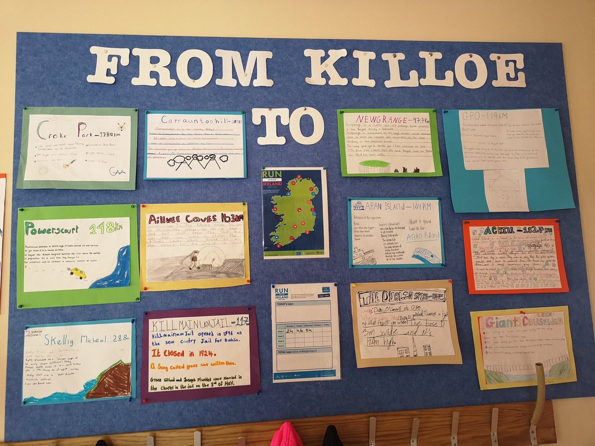 MrToher's tweet photo. We are so impressed with our neighbour Mrs. Farrell's class and their projects integrating Geography and our @ActiveFlag Run Around Ireland Programme. Well done Mrs. Farrell and all our friends in 5th class. @KilloeGAA @PDSTpe #integration #keepingfit #geographyprojects https://t.co/5OFQtXsUiA