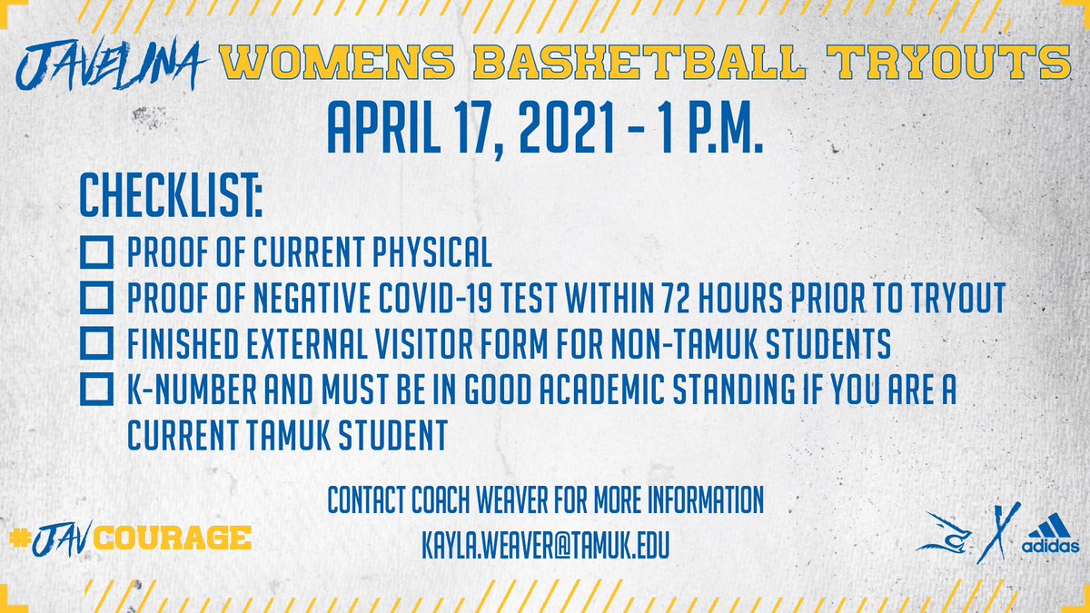 ‼️ Attention High School Seniors &amp; Current <a href="/JavelinaNation/">Texas A&M-Kingsville 🐗💙💛</a> students ‼️
 
We are hosting a tryout April 17  

Be sure to check all the boxes before you arrive! 

🐗🔵🟡 #javCOURAGE
