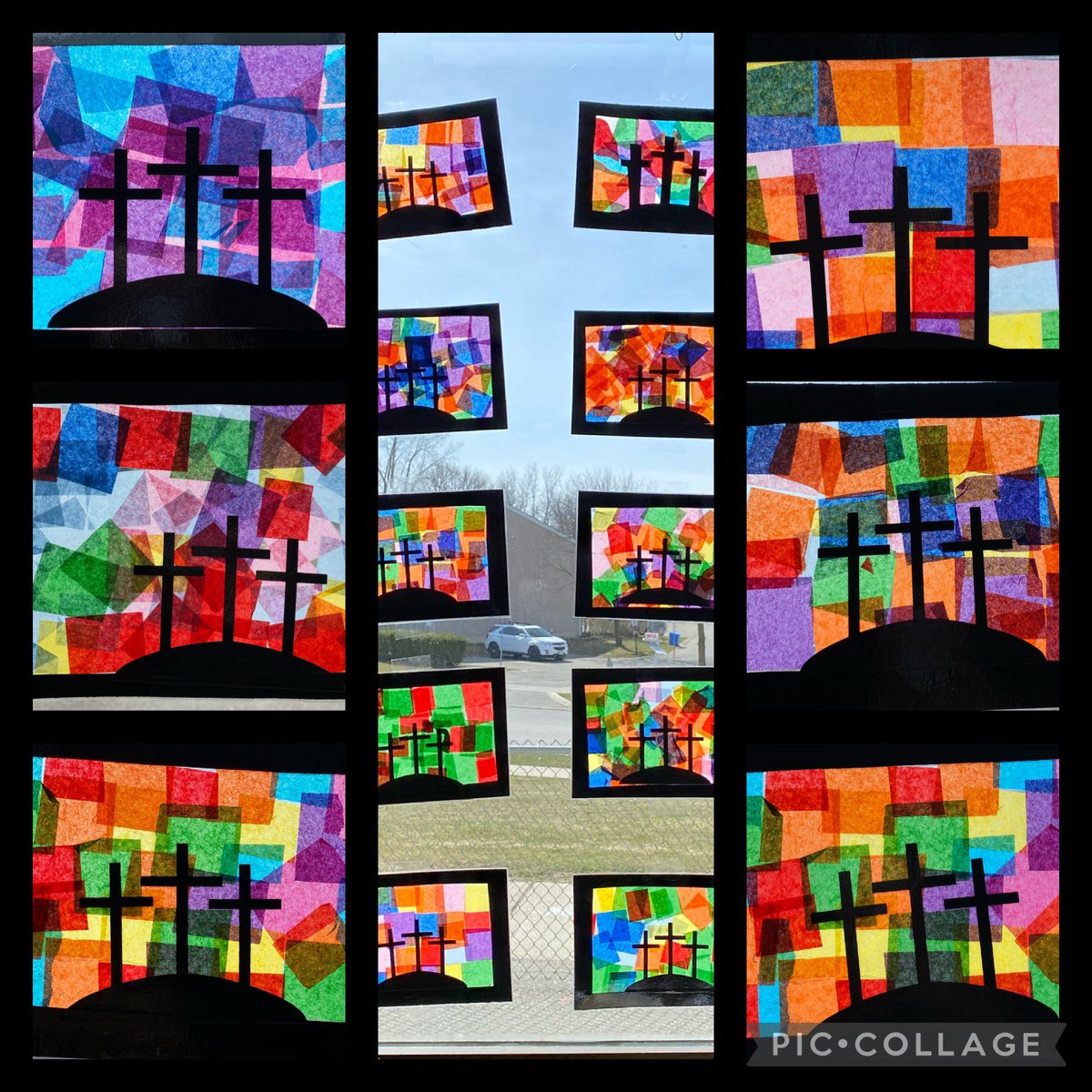 KindredKulture's tweet photo. Spoiler Alert 🚨: The Tomb Was Empty! #easter #threecrosses #stainedglassart #Kindergarten @StFrancisLondon https://t.co/GWhvaED8fD