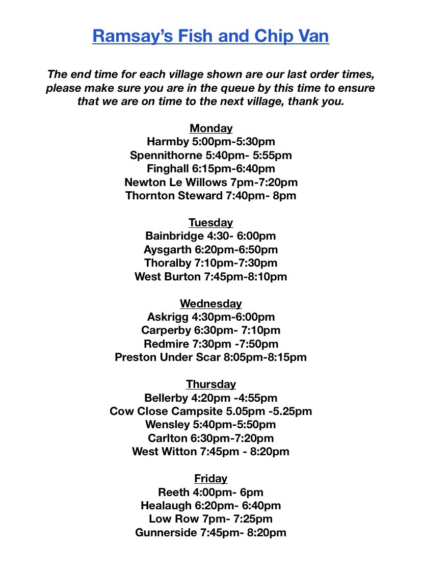 Our round timetable for summer 2021:
Each village has an ‘end time’ and we ask that you make sure you are in the queue before this time to ensure that we can be as on time as possible to the next village. Thankyou.