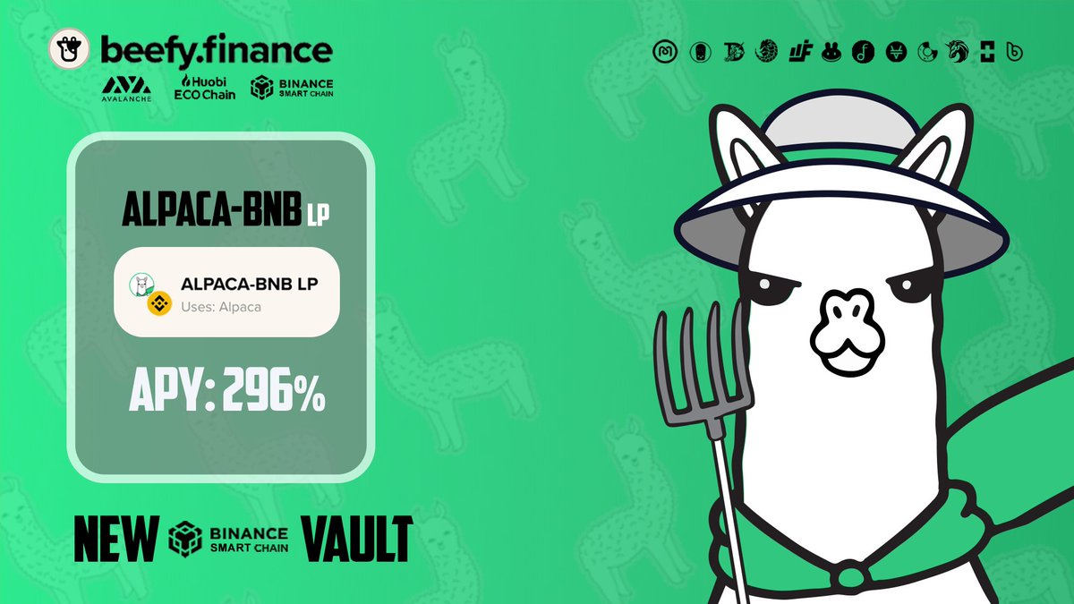 beefyfinance's tweet image. New vault announcement! 🔥 

@AlpacaFinance 🦙  is now live on @beefyfinance 🐮  

APY: $ALPACA - $BNB LP: 296% 

Stake to auto-compound with ease on the most secure yield optimizer! #BSC #DeFi

Let us know which vaults you want to see next! 👇