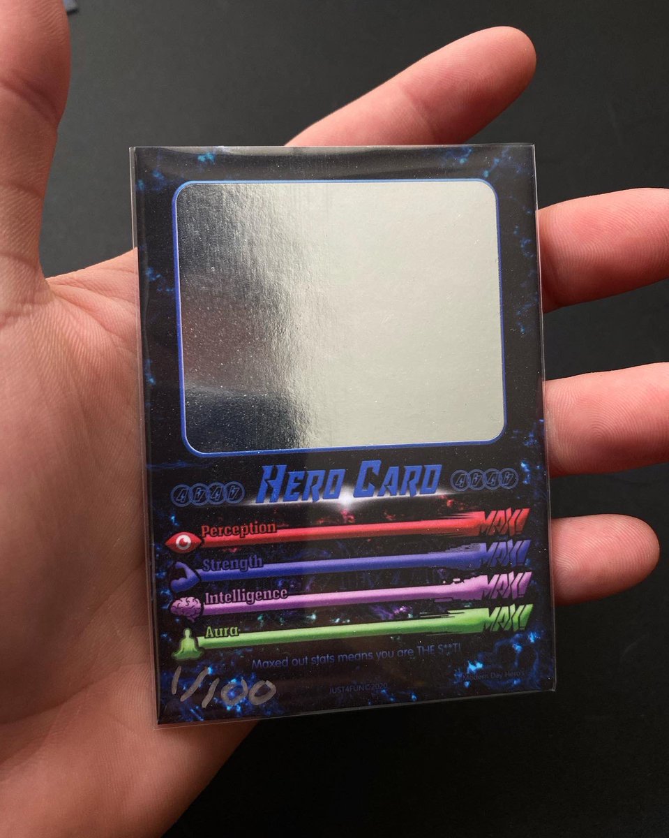 j4funus's tweet photo. “HERO CARD”
-
*PAGE 4*
EACH ORDER WILL INCLUDE A COLLECTIBLE CARD OF A HERO, BUT INSTEAD OF A PHOTO, IT WILL BE A REFLECTION OF THE OWNER LOOKING INTO IT. BE THE HERO YOU ARE DESTINED TO BE! 3/26 #J4F 
-
“MAXED OUT STATS MEANS YOU ARE THE SH**!” https://t.co/e8Z7hxgDez
