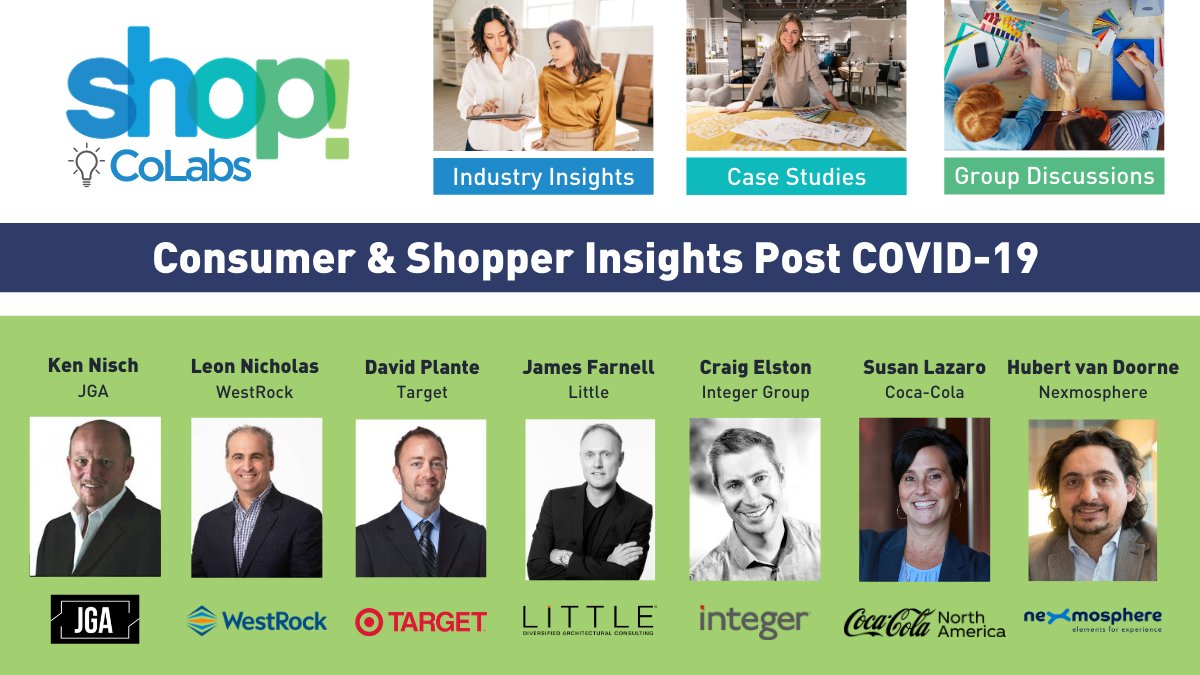 shopassociation's tweet photo. Our first Shop! CoLab is in just under a month! Join us on April 22 to explore "Consumer &amp; Shopper Insights Post COVID-19" with an expert panel of retail pros. Register now: https://t.co/Ta7SiBTaoe #shopcolabs @jga_inc @WestRock @Target @littleonline @IntegerGroup @CocaCola https://t.co/SIxptoBqyh