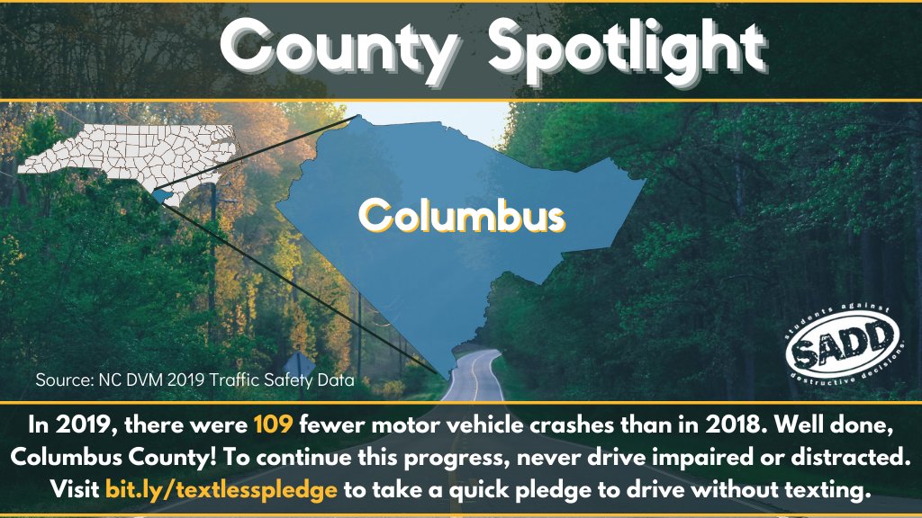 SADDNC's tweet photo. Columbus county has a lower crash rate per 1000 registered vehicles than the NC State Average.
However, Columbus has a higher rate of impaired drivers. You can help continue the progress take a pledge to drive without distractions at https://t.co/zq8cO4TGBk. https://t.co/eGAz7FBfkm