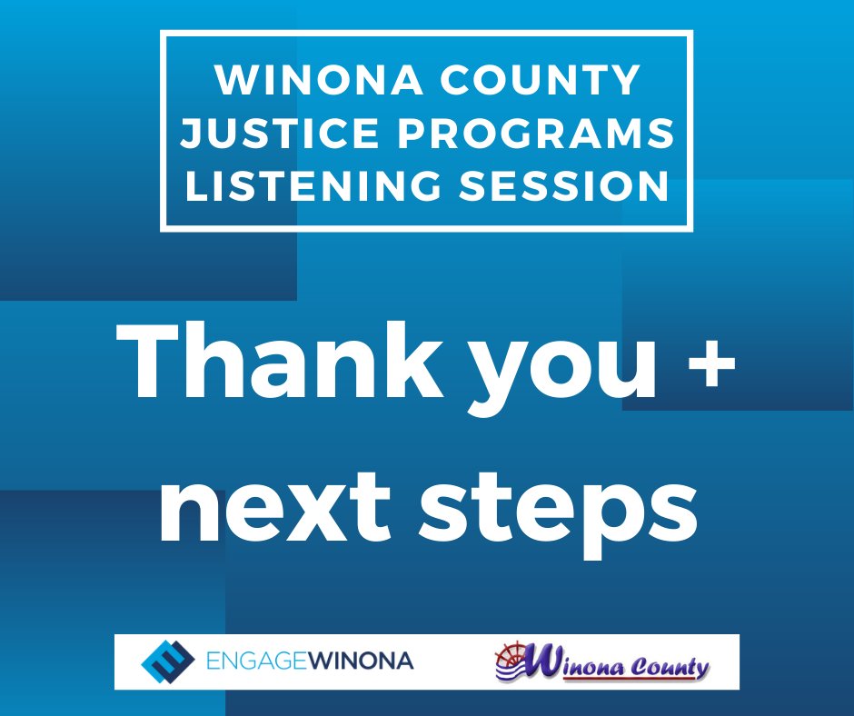 Thank you to the nearly 100 folks who attended Wednesday night's listening session on Winona County justice programs.

We so appreciated your voices, input, ideas and visions!

Weren't able to attend? Survey's open to April 1: surveymonkey.com/r/winonacounty…

Next steps coming in April!