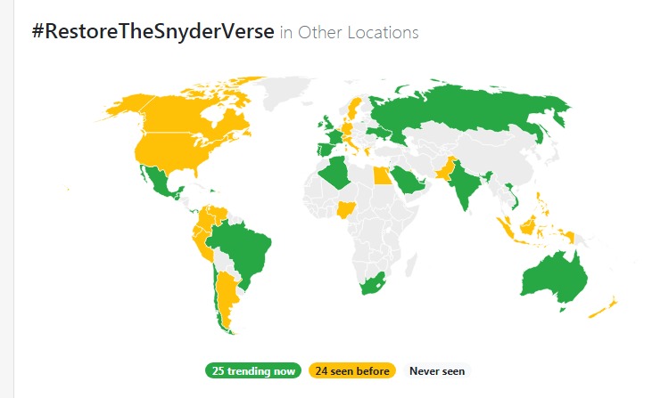 Dc_da_depressao's tweet photo. O gráfico que mostra como anda a #RestoreTheSnyderVerse pelo mundo.

Está nos trending topics dos países em verde, já estiveram nos países em amarelo, e nos cinza nem chegou a estar. O meu destaque vai pro Brasil, Índia, México e a Rússia! https://t.co/slLkHjT1IO