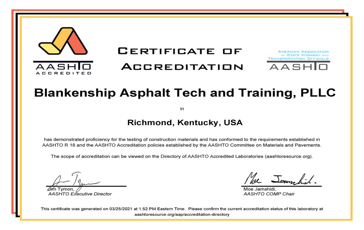 BATT_Lab's tweet photo. #BATTLab received notice from @aashtoresource that BATT is now accredited by AASHTO Accreditation Program in asphalt mixtures and aggregate. BATT is committed to quality to the highest standards and receiving our accreditation shows that commitment.
#asphalttesting #accreditation https://t.co/UPNxcYngoX