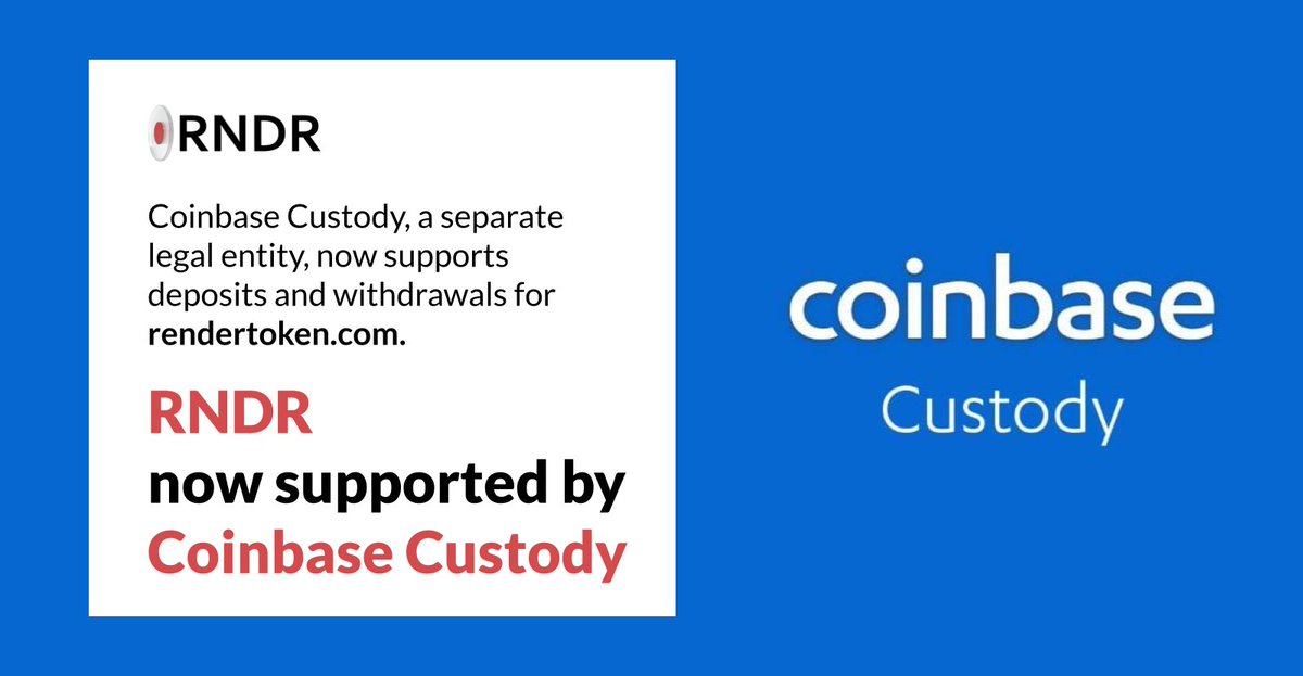 rendernetwork's tweet photo. We can officially confirm that we have partnered with #Coinbase Custody to bring their support to the #RNDR userbase. 

https://t.co/eze2rG9SD9

As an important first step @CoinbaseInsto now supports deposits and withdrawals for @RenderToken's $RNDR at https://t.co/KMtyUi11Av. https://t.co/IxtBB3wrGs