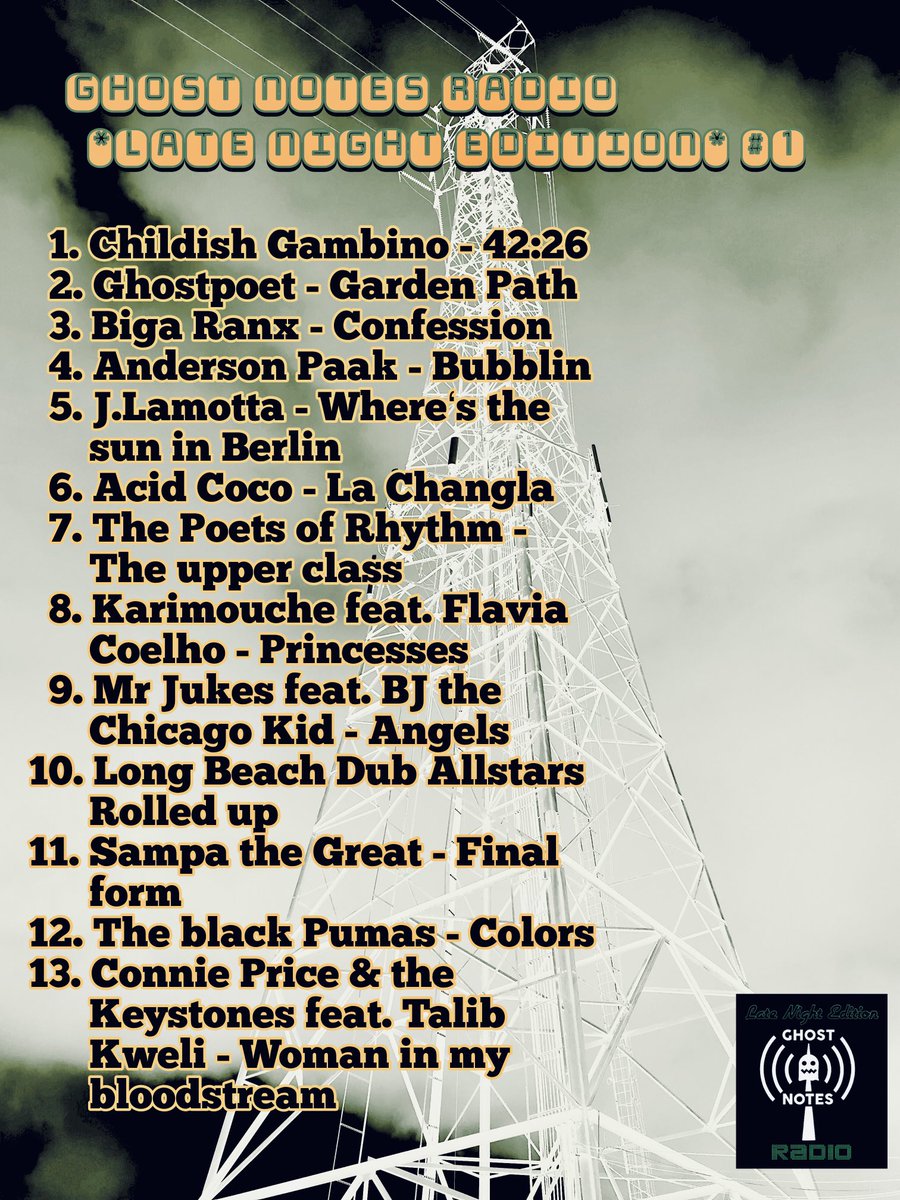 ghostnotesradio's tweet photo. Die erste Folge der #LateNightEdition ⁦⁦@ghostnotesradio⁩ ist im Kasten. Für alle jetzt zum anhören ⁦⁦⁦@mixcloud⁩ 

⁦@ghostpoet⁩ ⁦@bigaranx⁩ ⁦@AndersonPaak⁩ ⁦@jlamotta23⁩ ⁦@TeamABCofficial⁩ @sampathegreat
⁦@TalibKweliSays⁩ https://t.co/hZpWCOUfJo